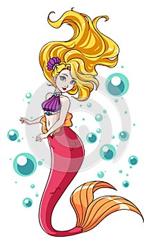 Cute mermaid vector design. Cartoon girl with blonde hair and pink fishtail. isolated on white background and bubbles