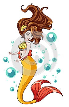 Cute mermaid vector design. Cartoon girl with brown hair and yellow fishtail. isolated on white background and bubbles