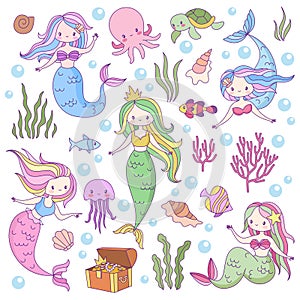 Cute mermaids. Adorable fairytale underwater princesses mythological sea creatures. Fishes, turtle and treasure, octopus