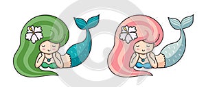 Cute mermaids with exotic flower in hair.