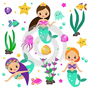 Cute mermaids set and design elements. Stickers, clip art for girls in kawaii style. Alga, octopus, fish and other fairy symbols