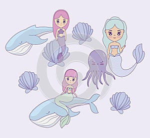Cute mermaids with whales and octopus