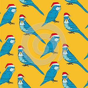Cute merry Christmas blue parrot in red hat