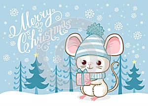 Cute Merry Christmas card with a cute little mouse standing on the snow among the blue forest