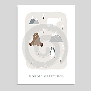 Cute Merry Christmas greeting card, invitation with bear, polar bear, penguin, fir trees and mountains. Hand drawn kids