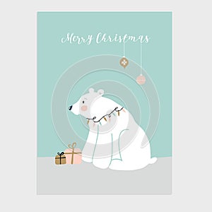 Cute Merry Christmas greeting card, invitation with little polar bear, gift boxes and hanging Chrsitmas ornaments