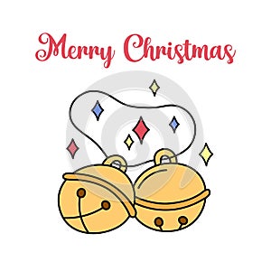 Cute Merry Christmas greeting card with jingle bells doodles. Square vector illustration of two bells on white background.