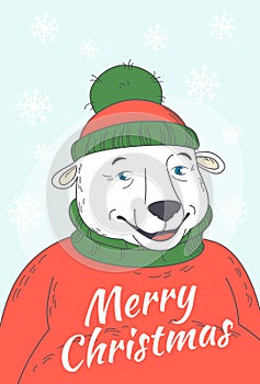 Cute Merry Christmas greeting card with polar bear wearing swea