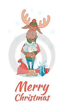 Cute Merry christmas and happy New Year card with deer (elk, moo
