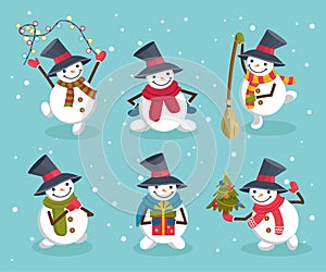 Cute Merry Christmas or Happy New Year winter holiday snowmen set