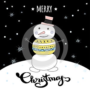 Cute Merry Christmas winter card with doodle snowman