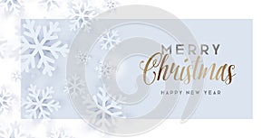 Cute Merry Christmasand happy new year greeting card with white in white snowflakes and golden calligrapy, gentel congratulation