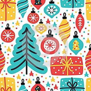 Cute Merry Little Christmas seamless background with hand drawn Christmas tree, balls and present boxes