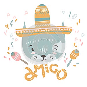 Cute mexican baby cat. Hand drawn vector illustration. For kid`s