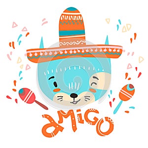 Cute mexican baby cat. Hand drawn vector illustration. For kid`s