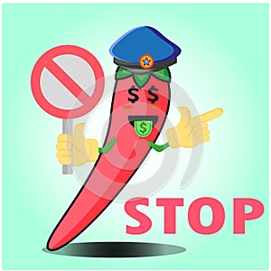 Cute mexican chili police officer cartoon character with police hat, hands pointing and stop sign design