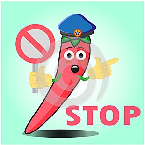 Cute mexican chili police officer cartoon character with police hat, hands pointing and stop sign design