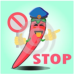 Cute mexican chili police officer cartoon character with police hat, hands pointing and stop sign design