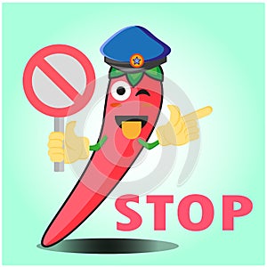 Cute mexican chili police officer cartoon character with police hat, hands pointing and stop sign design