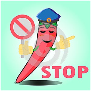 Cute mexican chili police officer cartoon character with police hat, hands pointing and stop sign design