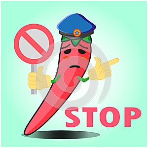 Cute mexican chili police officer cartoon character with police hat, hands pointing and stop sign design