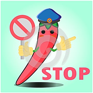 Cute mexican chili police officer cartoon character with police hat, hands pointing and stop sign design