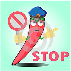 Cute mexican chili police officer cartoon character with police hat, hands pointing and stop sign design