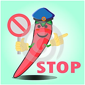 Cute mexican chili police officer cartoon character with police hat, hands pointing and stop sign design