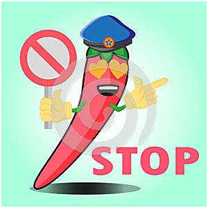 Cute mexican chili police officer cartoon character with police hat, hands pointing and stop sign design