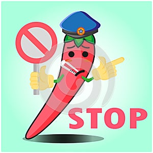 Cute mexican chili police officer cartoon character with police hat, hands pointing and stop sign design