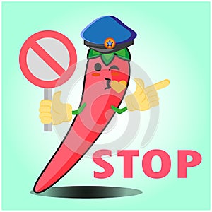 Cute mexican chili police officer cartoon character with police hat, hands pointing and stop sign design