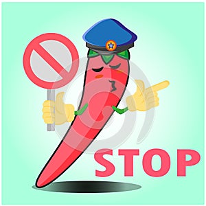 Cute mexican chili police officer cartoon character with police hat, hands pointing and stop sign design