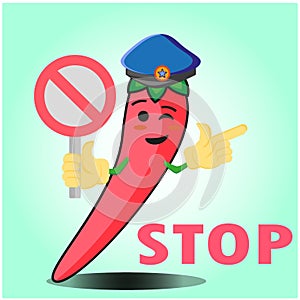 Cute mexican chili police officer cartoon character with police hat, hands pointing and stop sign design