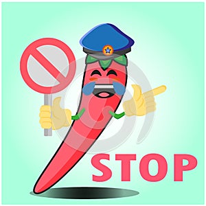 Cute mexican chili police officer cartoon character with police hat, hands pointing and stop sign design