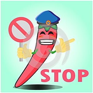 Cute mexican chili police officer cartoon character with police hat, hands pointing and stop sign design