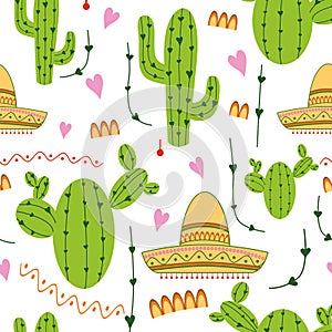 Cute mexican seamless pattern with cactus, sombrero in green, yellow, pink and white colors. Natural vector background