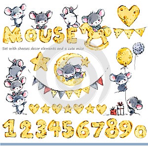 Cute mice greeting background. Funny cartoon mouse.