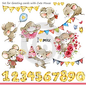 Cute mice illustration. Funny cartoon mouse