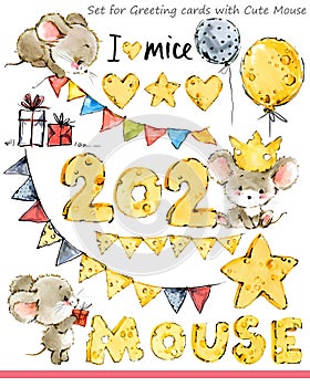 Cute mice illustration. Funny cartoon mouse. background for winter holidays