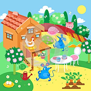 Cute mice near house in summer garden. Cartoon style. Vector color illustration. Picture for worksheets, books, puzzles