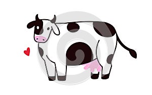 Cute milk cow, calf. Friendly dairy farm animal with spots, udder. Funny cattle, rural livestock, adorable domestic
