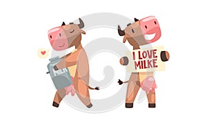 Cute Milk Cow with Udder Holding Milk Can and Banner Vector Set