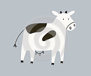 Cute milk dairy cow in Scandinavian doodle style. Adorable farm domestic animal. Black and white livestock, cattle