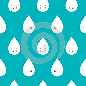 Cute milk drop, white water droplet or cream drip on blue background seamless pattern