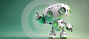 cute mini robot pointing fingers at copy space on green background. Generative AI