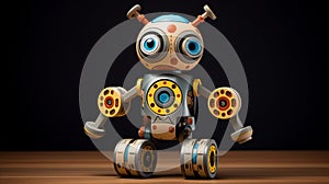 A cute and mischievous toy robot with spinning gears and buttons, ready for imaginative adventures with little ones