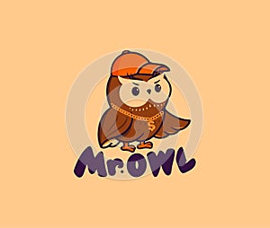 The cute Mister owl with a gold chain and a cap. Vector logo, cartoon character