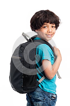 Cute Mixed Race Boy with Rucksack on Back.