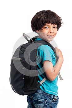 Cute Mixed Race Boy with Rucksack on Back. photo