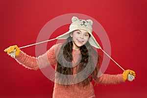 Cute model enjoy winter style. Teddy bear. Being cute bear. Winter outfit. Little kid wear knitted hat. Stay warm